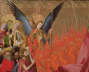 Angels and elected officials, detail of the Coronation of the Virgin, 1453-54